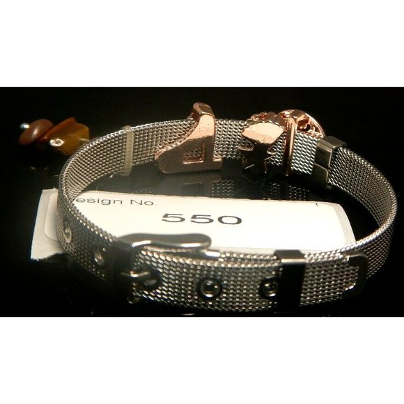 Tiger Eye Gemstone- Stainless Steel Mesh Keeper Bracelet-Band-Slide Charms-550 - Picture 3 of 5
